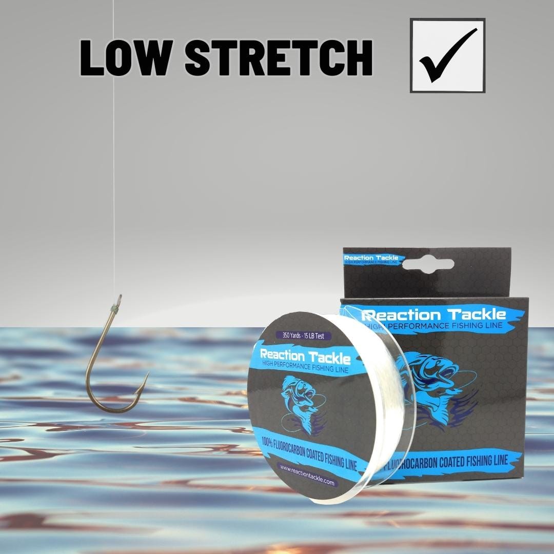 Reaction Tackle fluorocarbon coated fishing line in clear, 4lb test, 350 yards, designed for durable, invisible fishing.