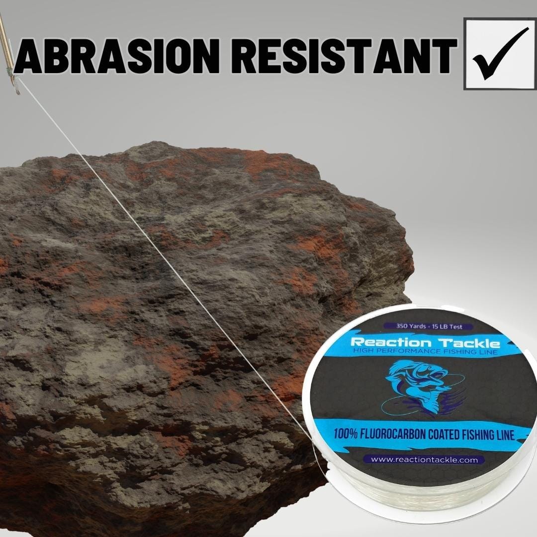 Reaction Tackle fluorocarbon coated fishing line in clear, 4lb strength, 350 yards, designed for durable, discreet fishing.