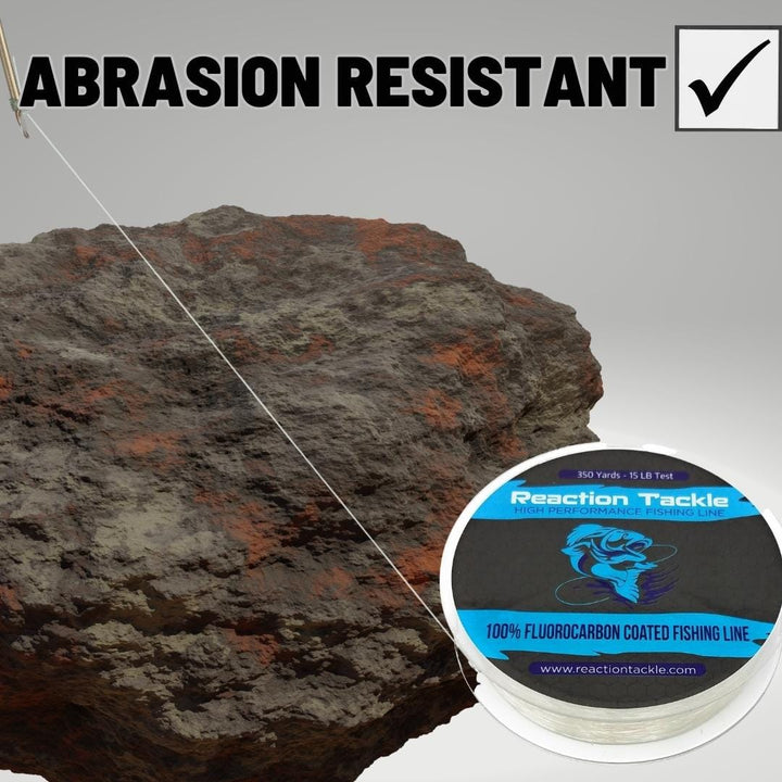 Reaction Tackle fluorocarbon coated fishing line in clear, 4lb strength, 350 yards, designed for durable, discreet fishing.
