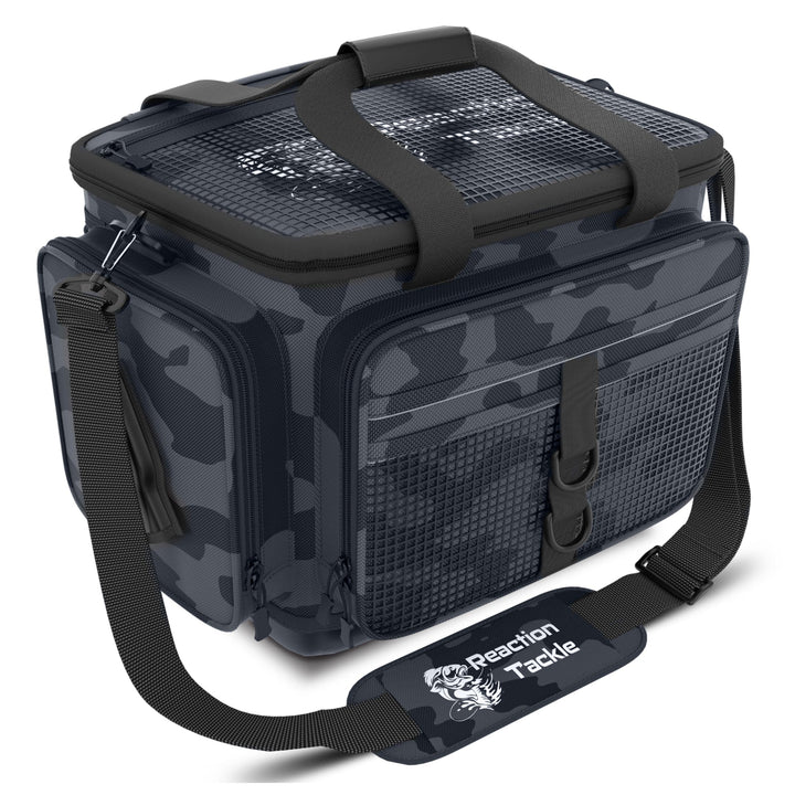 Reaction Tackle Camo Tackle Bag with multiple compartments and adjustable straps, designed for fishing gear storage.