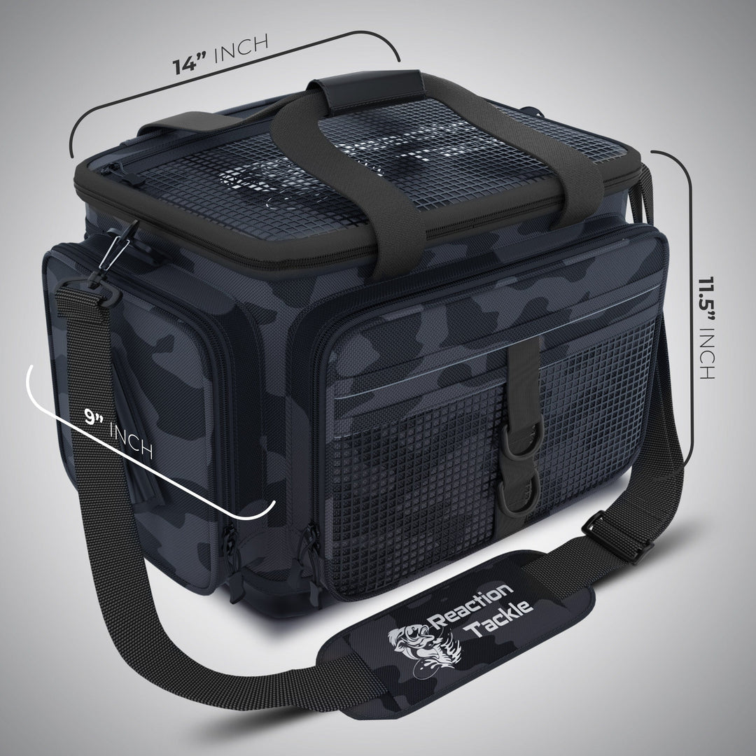 Reaction Tackle Camo Tackle Bag with multiple compartments and adjustable straps, designed for fishing gear storage.