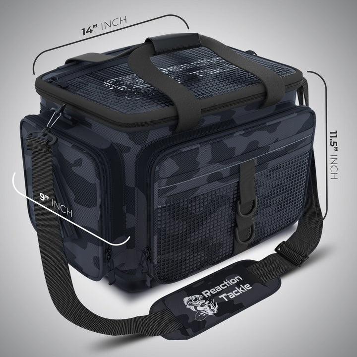 Reaction Tackle Camo Tackle Bag with multiple compartments and adjustable straps, designed for fishing gear storage.