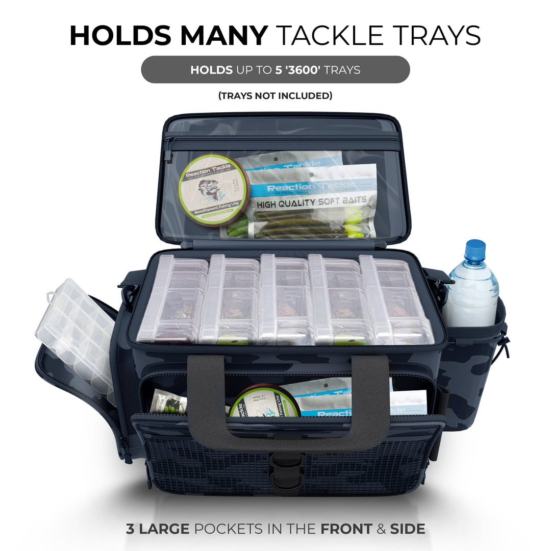 Reaction Tackle Camo Tackle Bag with multiple compartments and adjustable straps for fishing gear storage.