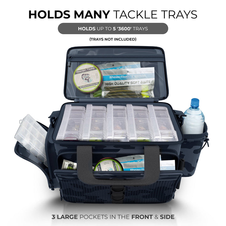 Reaction Tackle Camo Tackle Bag with multiple compartments and adjustable straps for fishing gear storage.