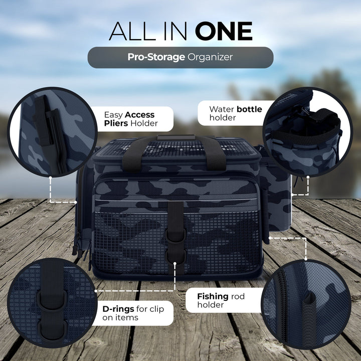 Reaction Tackle Camo Tackle Bag with multiple compartments and adjustable straps, designed for fishing gear storage.