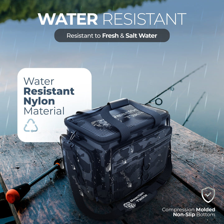 Reaction Tackle Camo Tackle Bag with multiple compartments and adjustable straps for fishing gear storage and transport.