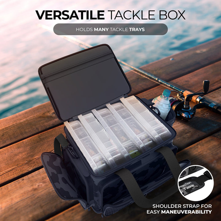 Reaction Tackle Camo Tackle Bag with multiple compartments and adjustable straps, designed for fishing gear storage.
