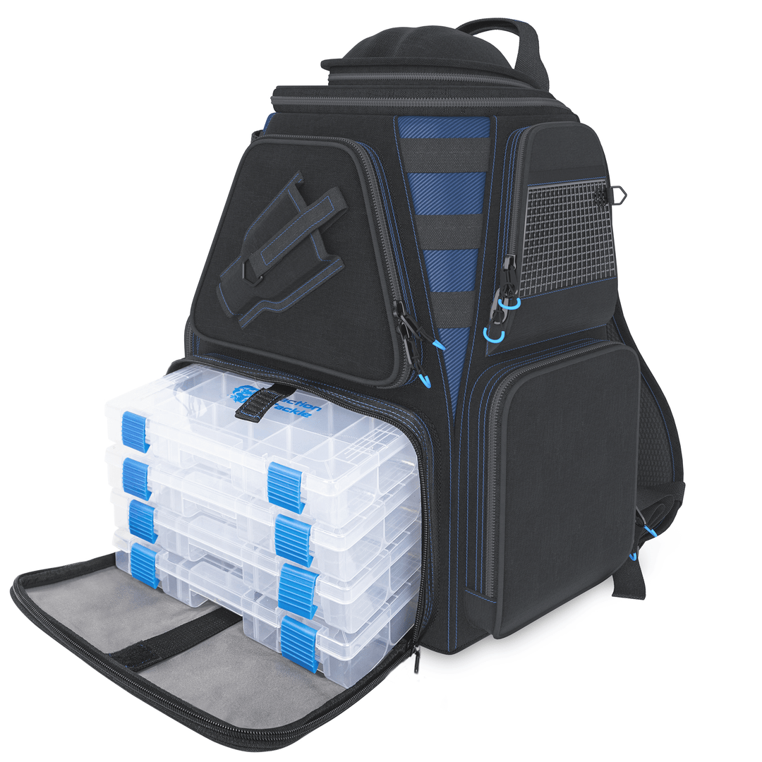 Reaction Tackle fishing tackle backpack with multiple compartments and trays for organized storage, ideal for anglers.