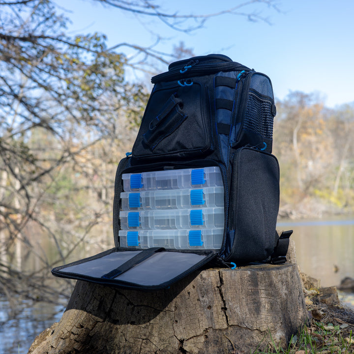 Reaction Tackle fishing tackle backpack with multiple trays, designed for organized storage of fishing gear and accessories.