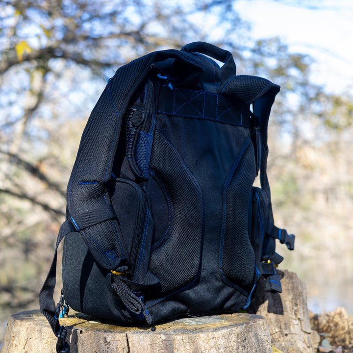 Reaction Tackle fishing tackle backpack with multiple trays, designed for organized storage of fishing gear and accessories.