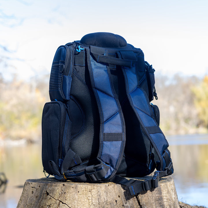 Reaction Tackle fishing tackle backpack with trays included, showing multiple compartments and gear organization for anglers.