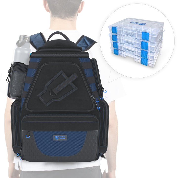 Reaction Tackle fishing tackle backpack with trays, featuring multiple compartments and sturdy straps for easy organization.