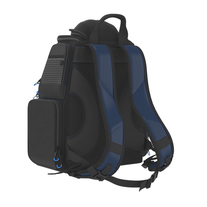 Reaction Tackle fishing tackle backpack with multiple compartments and included trays, designed for anglers' gear organization.
