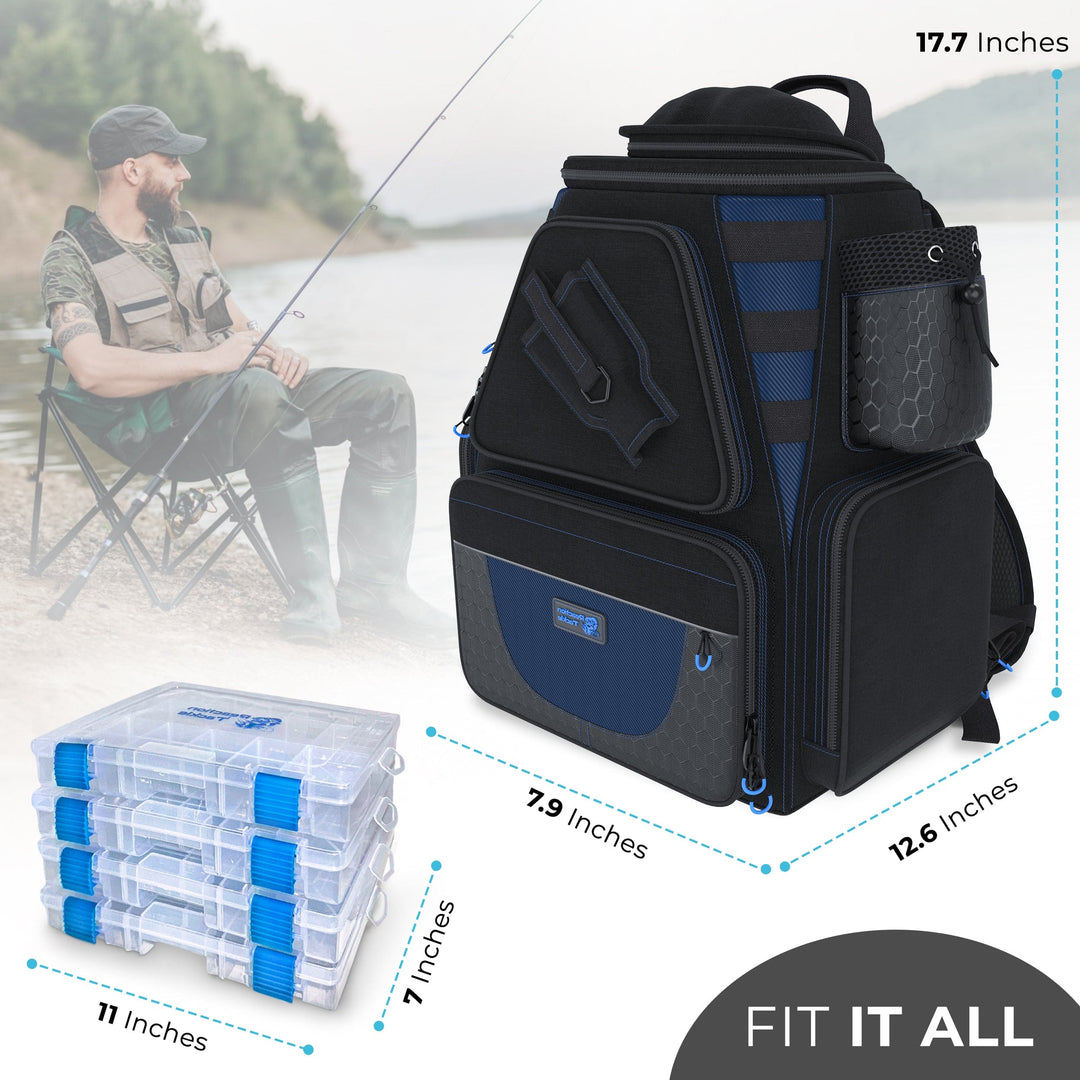 Reaction Tackle fishing tackle backpack with multiple trays, designed for organized fishing gear storage and easy transport.