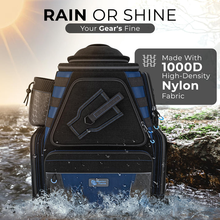 Reaction Tackle fishing tackle backpack with trays, featuring multiple compartments and adjustable straps for anglers.
