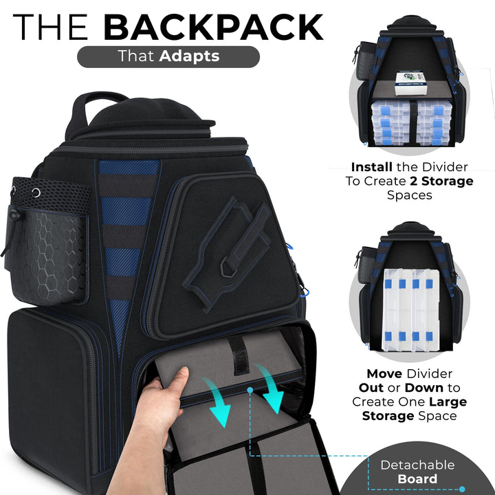 Reaction Tackle fishing tackle backpack with trays, featuring multiple compartments and durable straps for organized fishing gear.