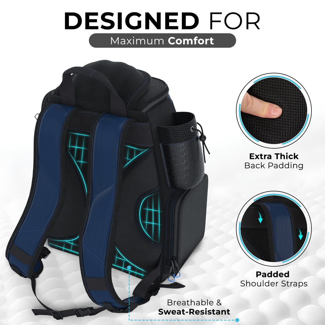Reaction Tackle fishing tackle backpack with trays included, showing a sturdy black fishing gear bag with multiple compartments and trays.