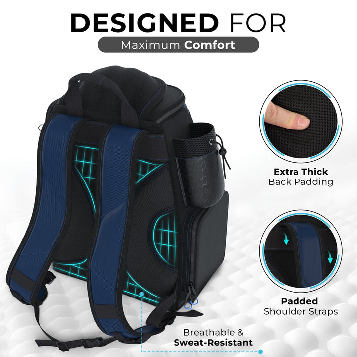 Reaction Tackle fishing tackle backpack with trays included, showing a sturdy black fishing gear bag with multiple compartments and trays.