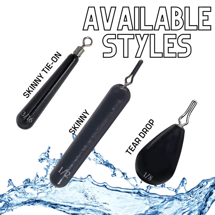 Reaction Tackle tungsten drop shot weights in black, 1/8 oz, skinny design, pack of 8 for fishing.