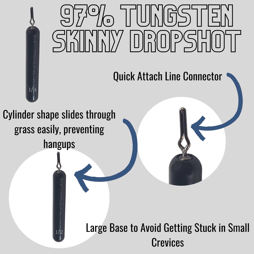 Reaction Tackle tungsten drop shot weights in black, 1/8 oz, slim design, pack of 8 for fishing finesse techniques.
