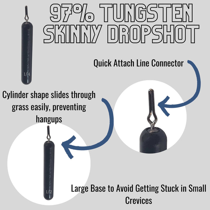 Reaction Tackle tungsten drop shot weights in black, 1/8 oz, slim design, pack of 8 for fishing finesse techniques.