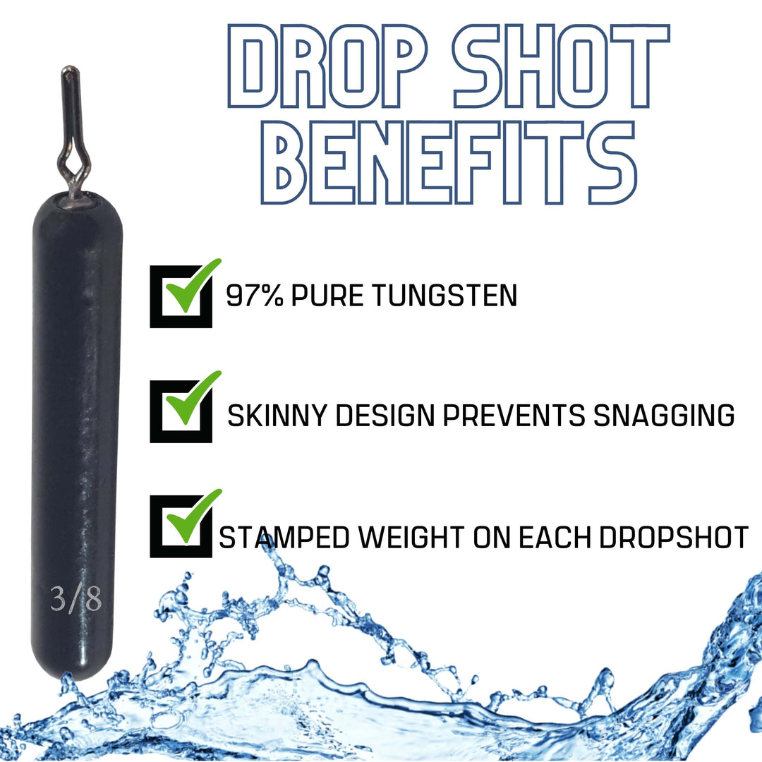 Reaction Tackle Tungsten Drop Shot Weights in black, skinny 1/8 oz, 8-pack, ideal for fishing drop shot rigs.