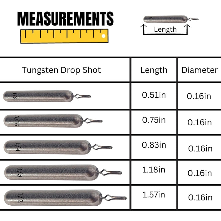Reaction Tackle tungsten drop shot weights in black, skinny design, 1/8 oz, pack of 8, ideal for finesse fishing.