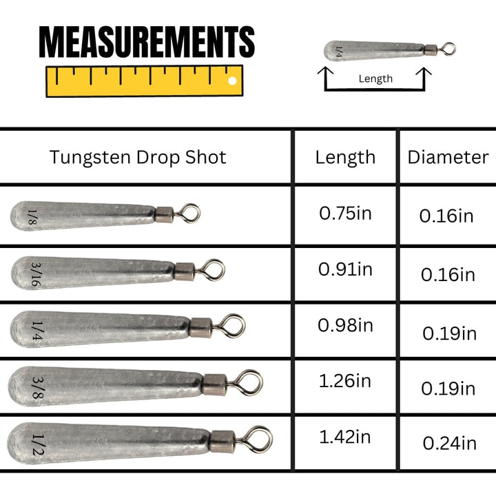 Reaction Tackle Tungsten Drop Shot Weights in black, skinny 1/8 oz, pack of 8, designed for precise fishing drop shot rigs.