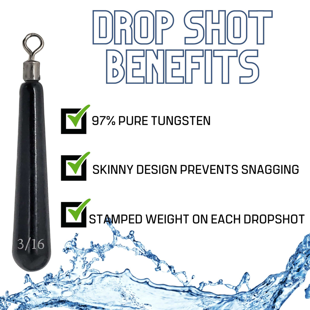 Reaction Tackle Tungsten Drop Shot Weights in black, 1/8 oz, set of 8, designed for fishing drop shot rigs.