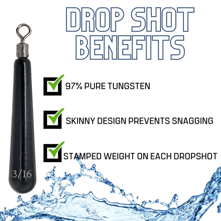 Reaction Tackle Tungsten Drop Shot Weights in black, 1/8 oz, set of 8, designed for fishing drop shot rigs.