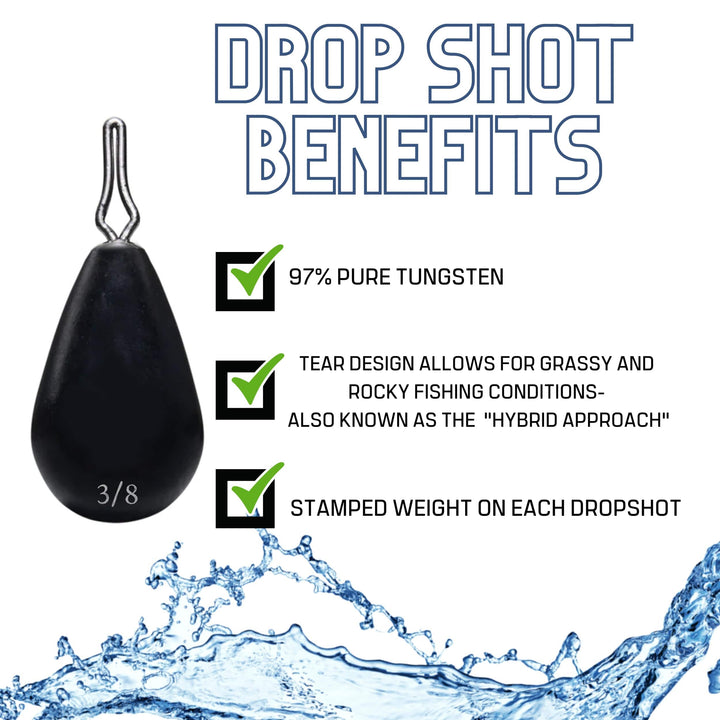 Reaction Tackle Tungsten Drop Shot Weights in black, skinny design, 1/8 oz, pack of 8 for precision fishing.