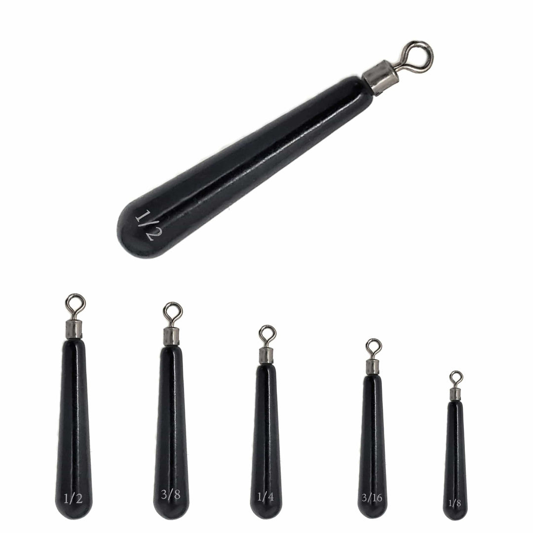 Reaction Tackle tungsten drop shot weights in black, 1/8 oz, skinny design, shown in a pack of 8 for fishing tackle use.