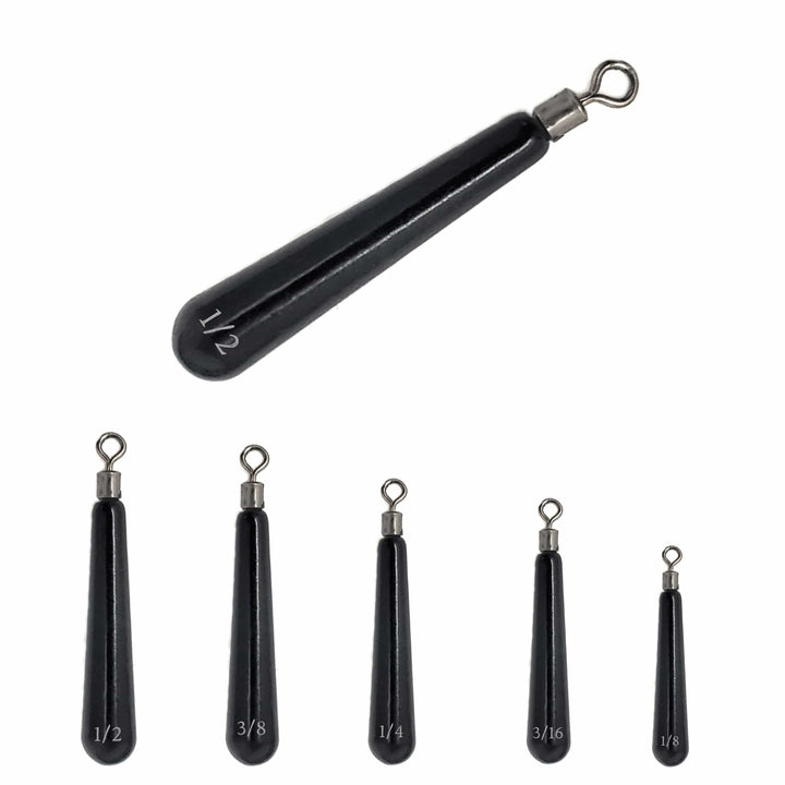 Reaction Tackle tungsten drop shot weights in black, 1/8 oz, skinny design, shown in a pack of 8 for fishing tackle use.