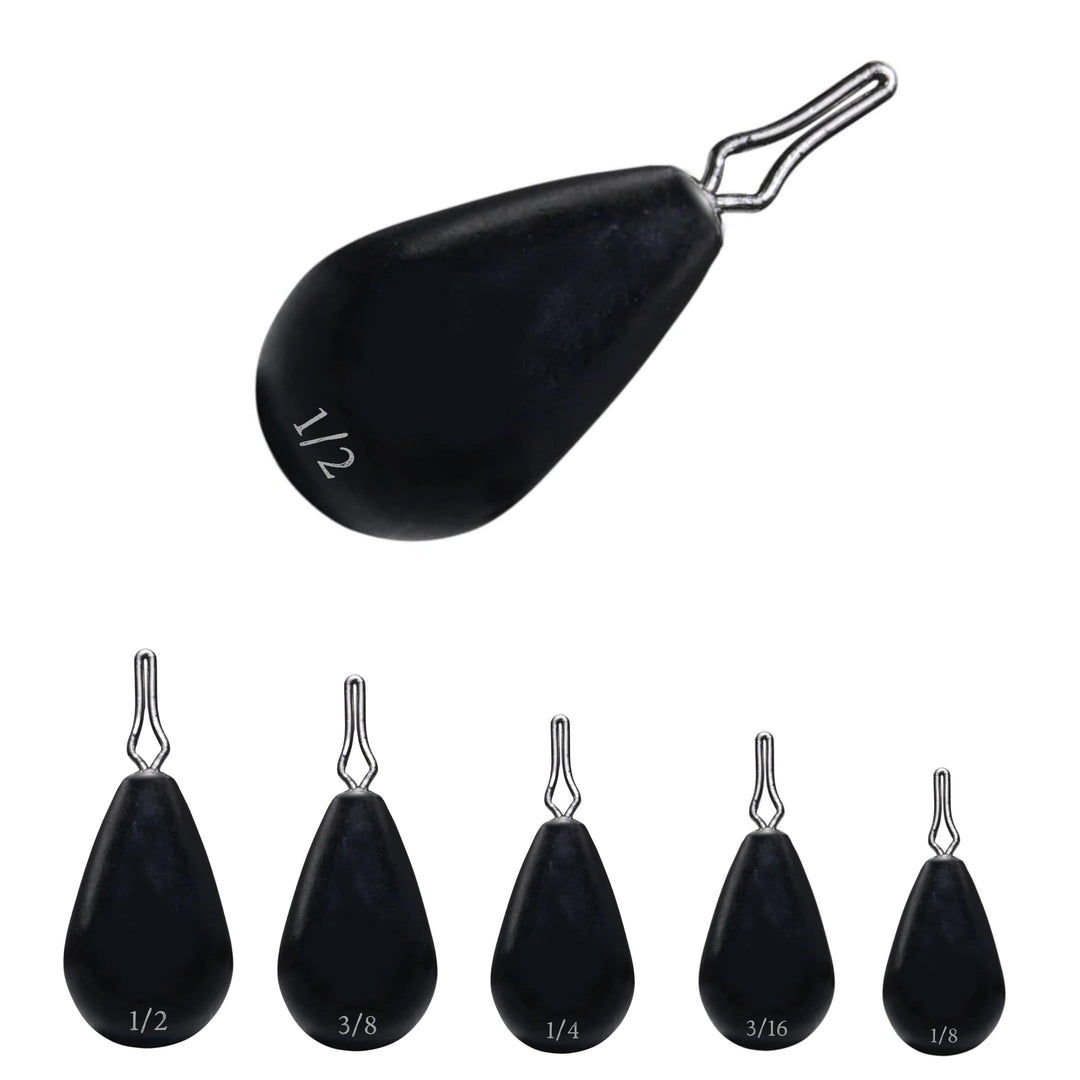 Reaction Tackle tungsten drop shot weights in black, skinny design, 1/8 oz, 8-pack, ideal for precise fishing setups.