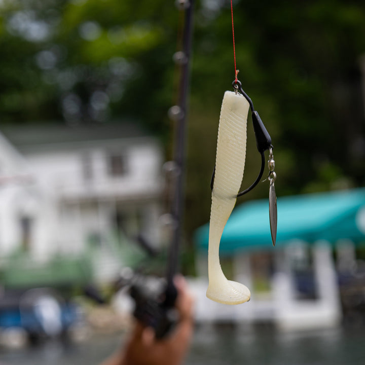 Reaction Tackle bladed tungsten weighted swimbait hooks, 3-pack, fishing hooks designed for enhanced bait presentation and durability.