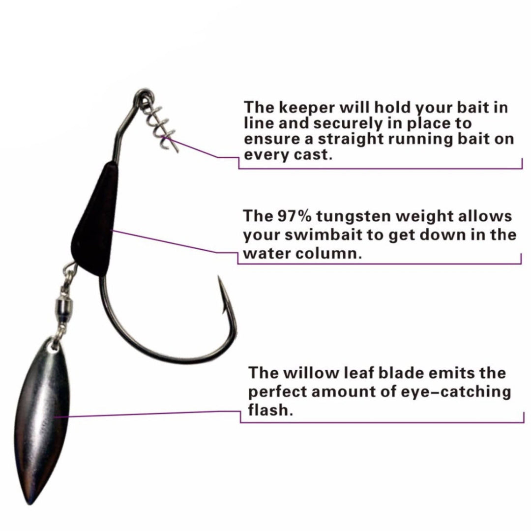 Reaction Tackle bladed tungsten weighted swimbait hooks, 3-pack, fishing hooks designed for durable bait presentation.