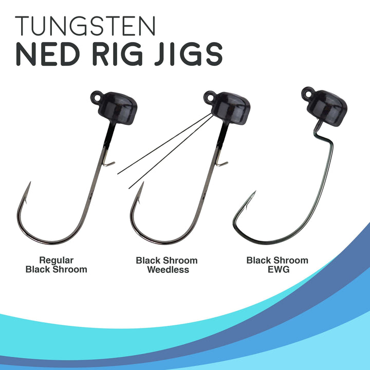 Black Reaction Tackle Tungsten Ned Rig-Shroom Jigs, 1/15 oz, 5-pack, designed for freshwater fishing, durable and highly visible.