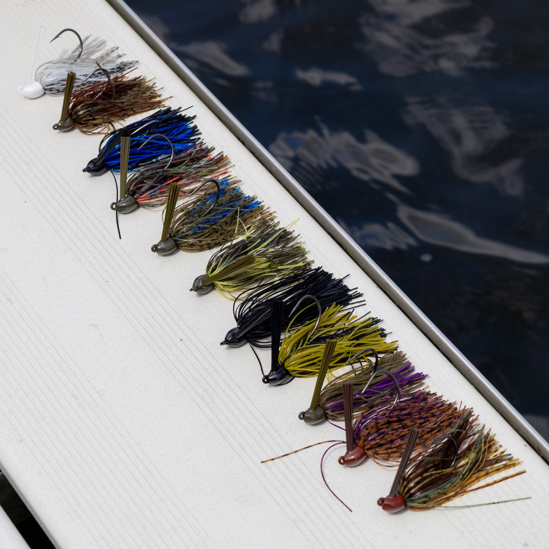 Reaction Tackle Tungsten Swim Jigs in black-blue, 1/4 oz, 2-pack, perfect for freshwater fishing.