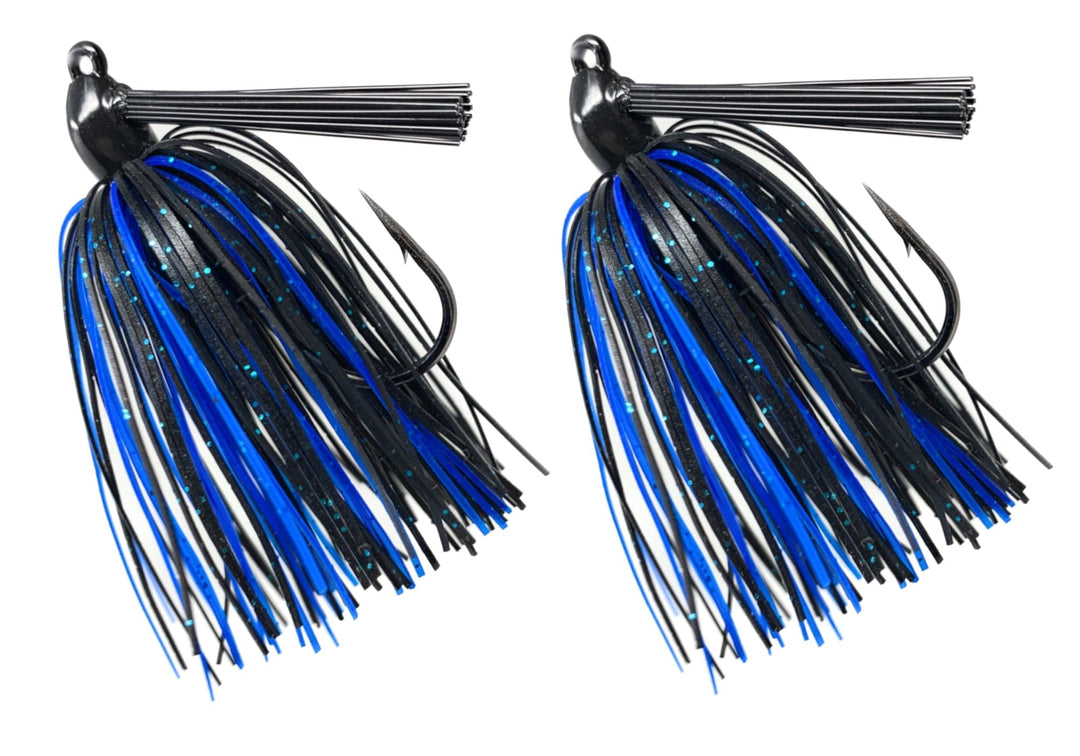 Reaction Tackle Tungsten Swim Jigs in black and blue, 1/4 oz, 2-pack, ideal for fishing and bass fishing enthusiasts.