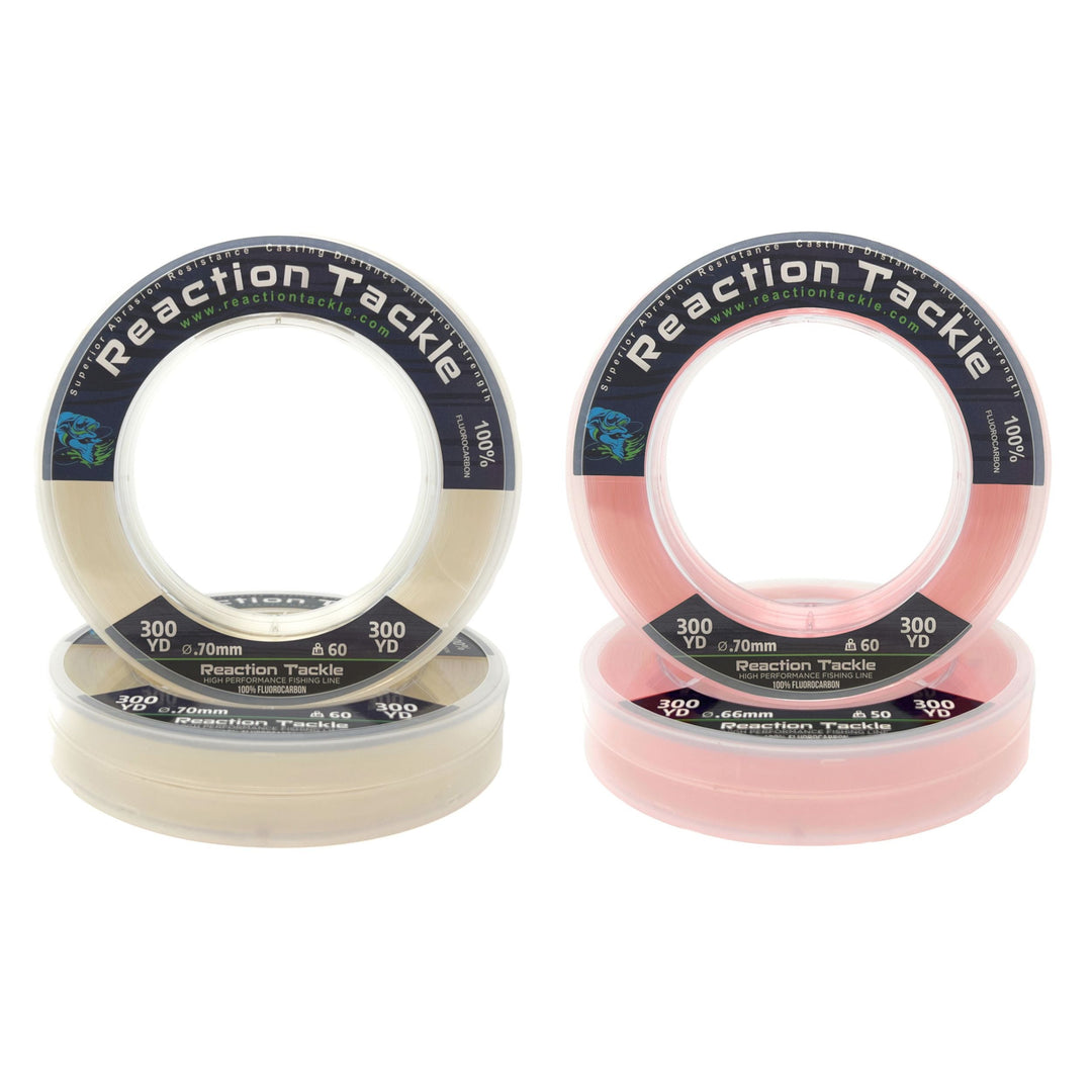 Reaction Tackle 100% Pure Fluorocarbon Fishing Line in clear, 4lb strength, 50 yards, shown wound on spool for fishing.