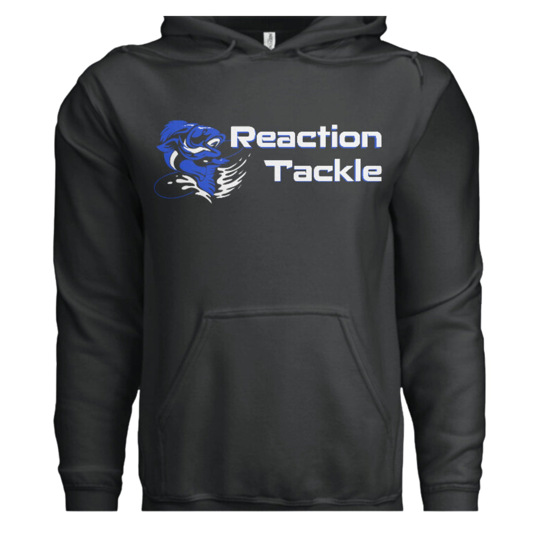 Black Reaction Tackle hooded sweatshirt with front pockets and drawstring hood, made from soft, comfortable fabric.