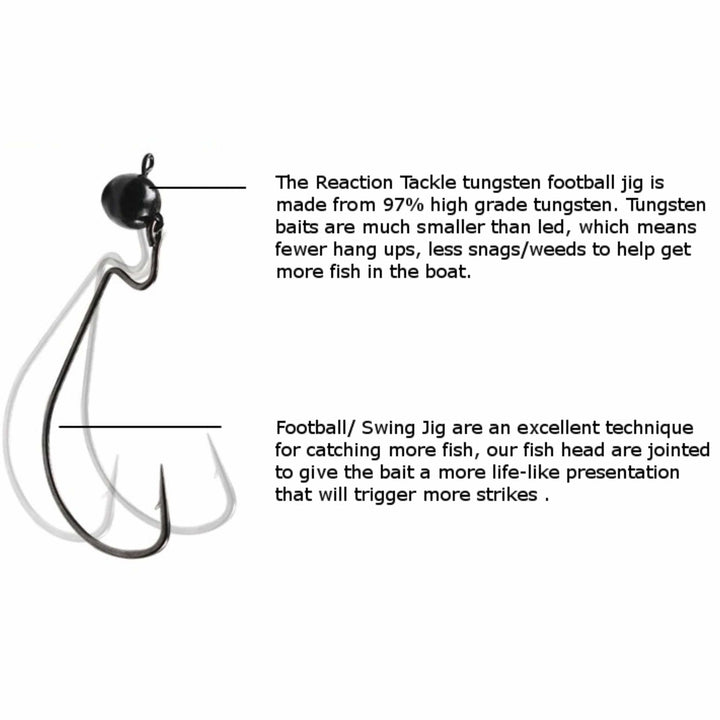 Reaction Tackle Tungsten Football and Swing Jig Heads 3-pack, black and silver fishing jig heads with sharp hooks on a white background.
