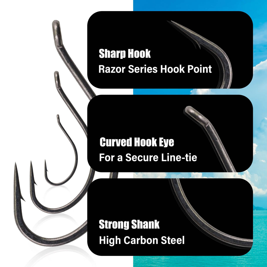 Black Reaction Tackle Drop Shot Hooks, pack of 50, showing sharp hooks designed for fishing and bait attachment.