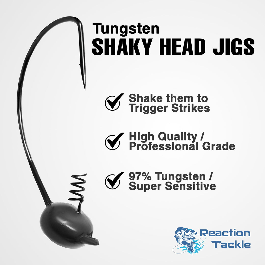 Reaction Tackle Tungsten Shaky Head Jigs in green pumpkin, 1/16 oz, 5-pack, designed for bass fishing and sensitive hook sets.