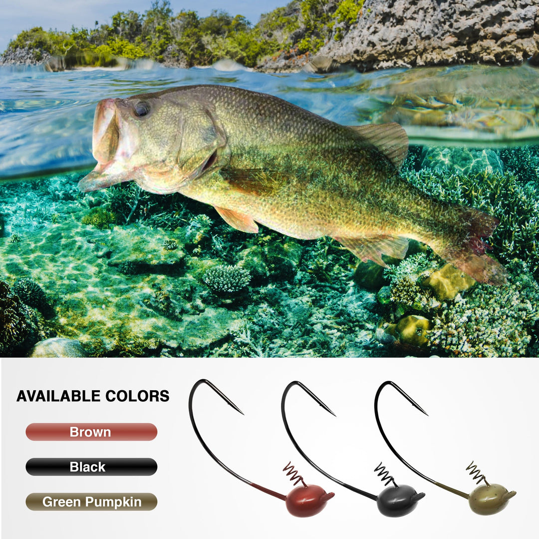 Reaction Tackle Tungsten Shaky Head Jigs 5-pack in green pumpkin, designed for bass fishing, featuring durable tungsten construction.