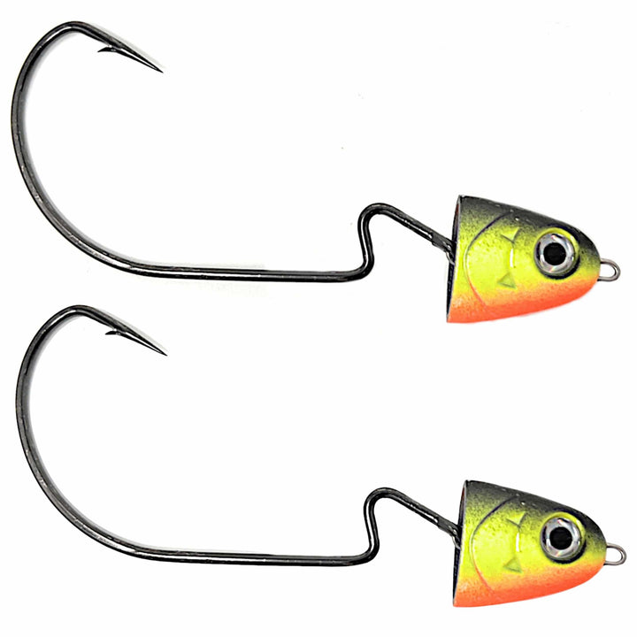 Reaction Tackle Tungsten Swing and Swimbait Jig Heads for fishing, featuring a close-up of the hot double hook design.