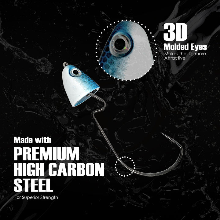 Reaction Tackle tungsten swimbait and swing jig heads with detailed infographic showing different angles and features.