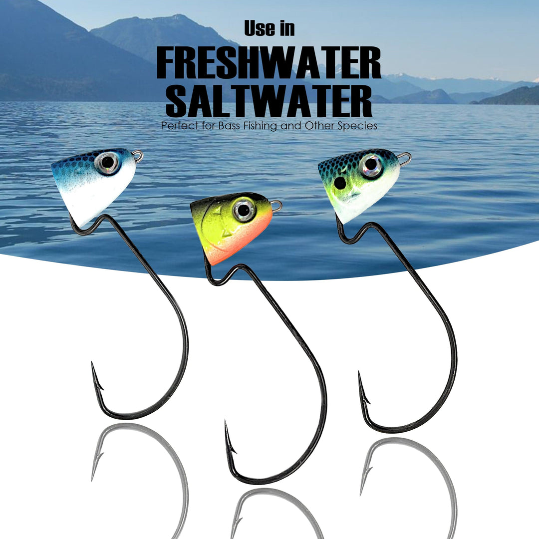 Reaction Tackle tungsten swing and swimbait jig heads, shown with detailed close-up of their design and hooks for fishing.