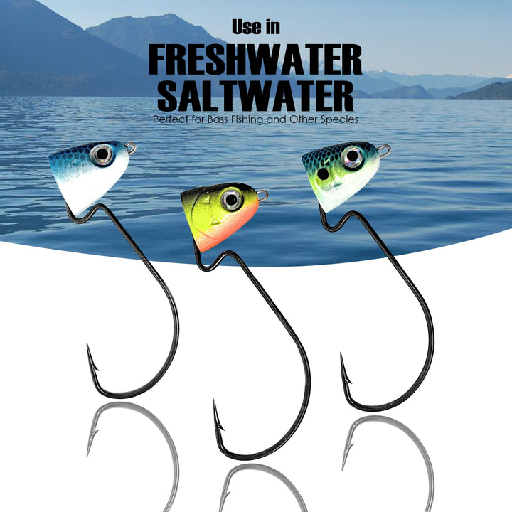 Reaction Tackle tungsten swing and swimbait jig heads, shown with detailed close-up of their design and hooks for fishing.