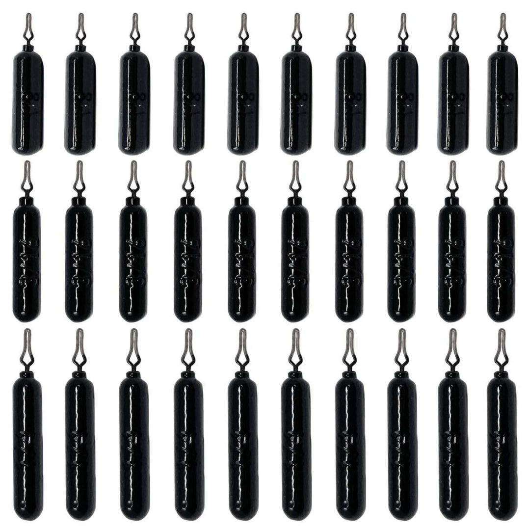 Reaction Tackle lead drop shot weights, 1/8 oz, in a 25-pack, ideal for bass fishing, shown in bulk pack with weights and fishing gear.